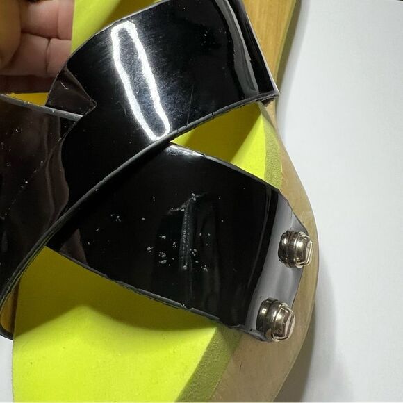 Flogg Glossy Black Neon Green Open Toe Ankle Strap Platform Sandals Women's Sz 7 - Picture 11 of 11